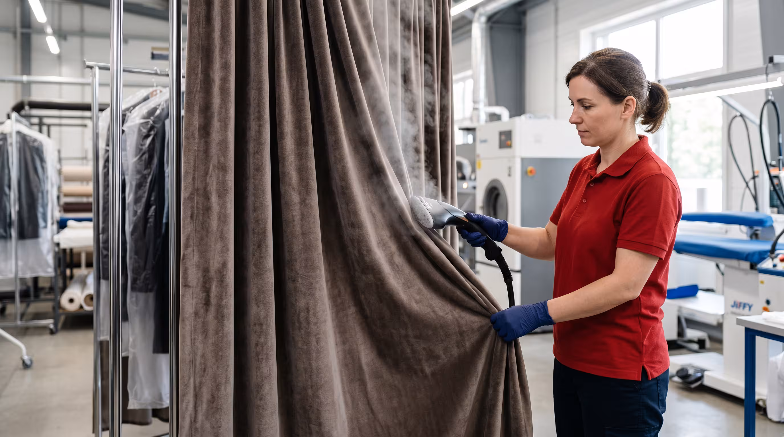 Removing dust and buildup from dense drapery fabric