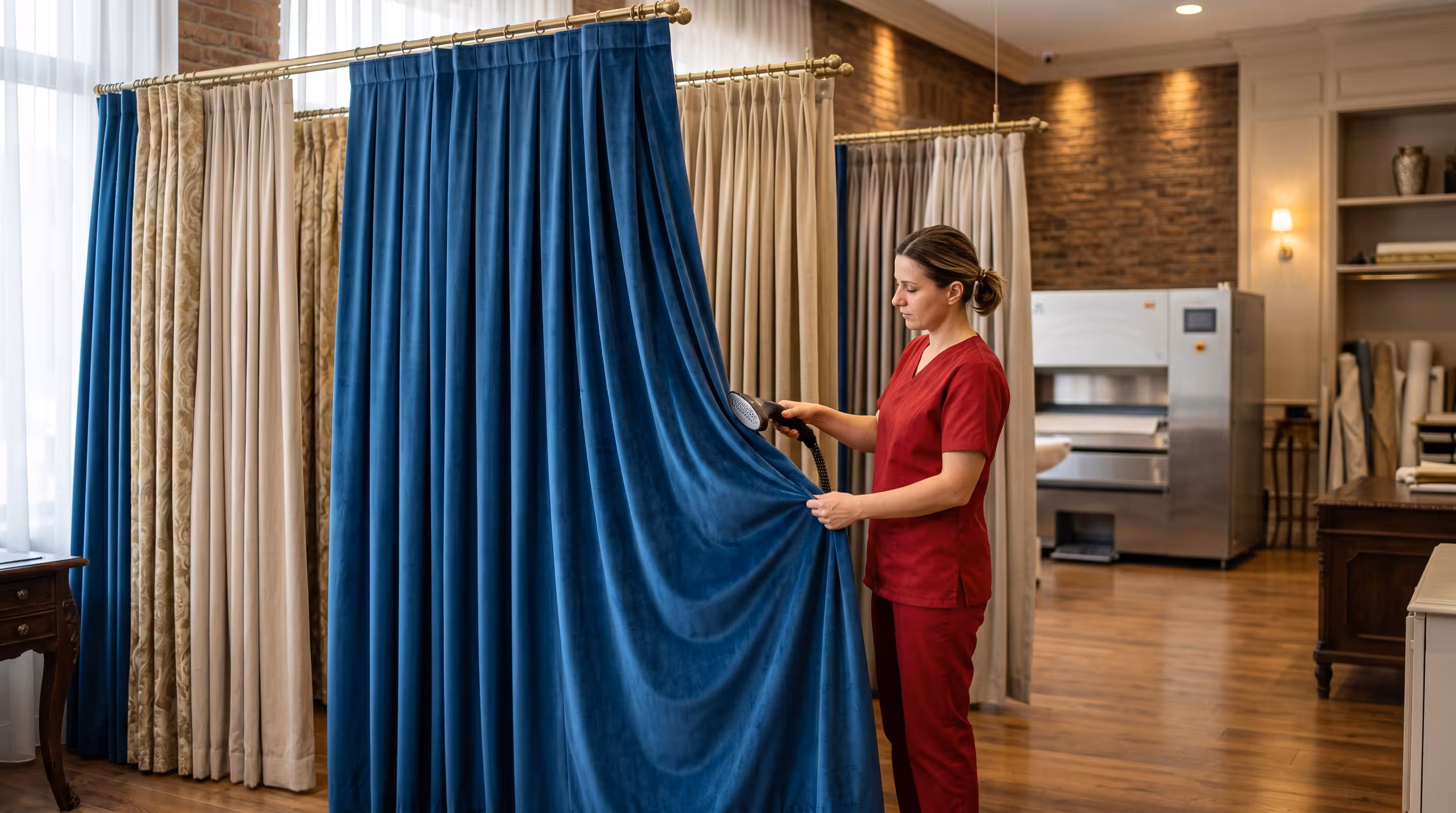 Professional dry cleaning of draperies in an elegant interior