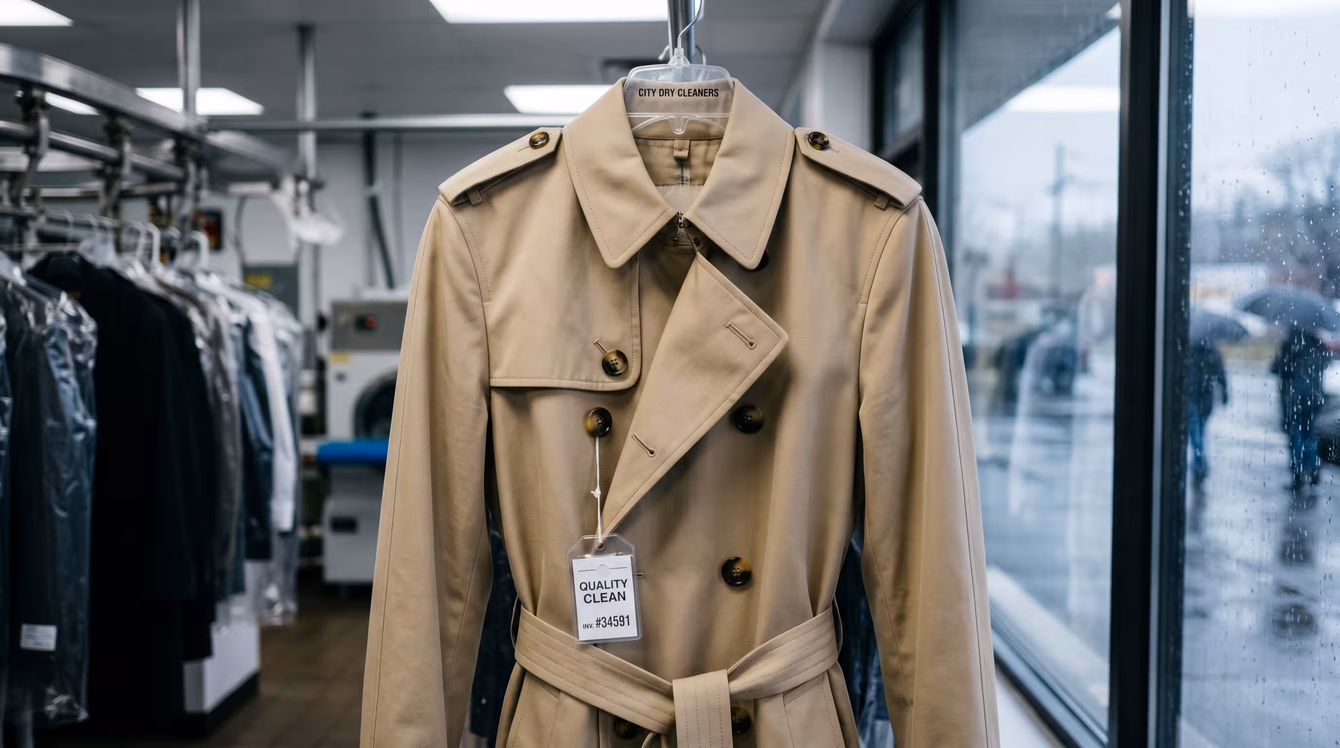 Professional dry cleaning machine handling a coat