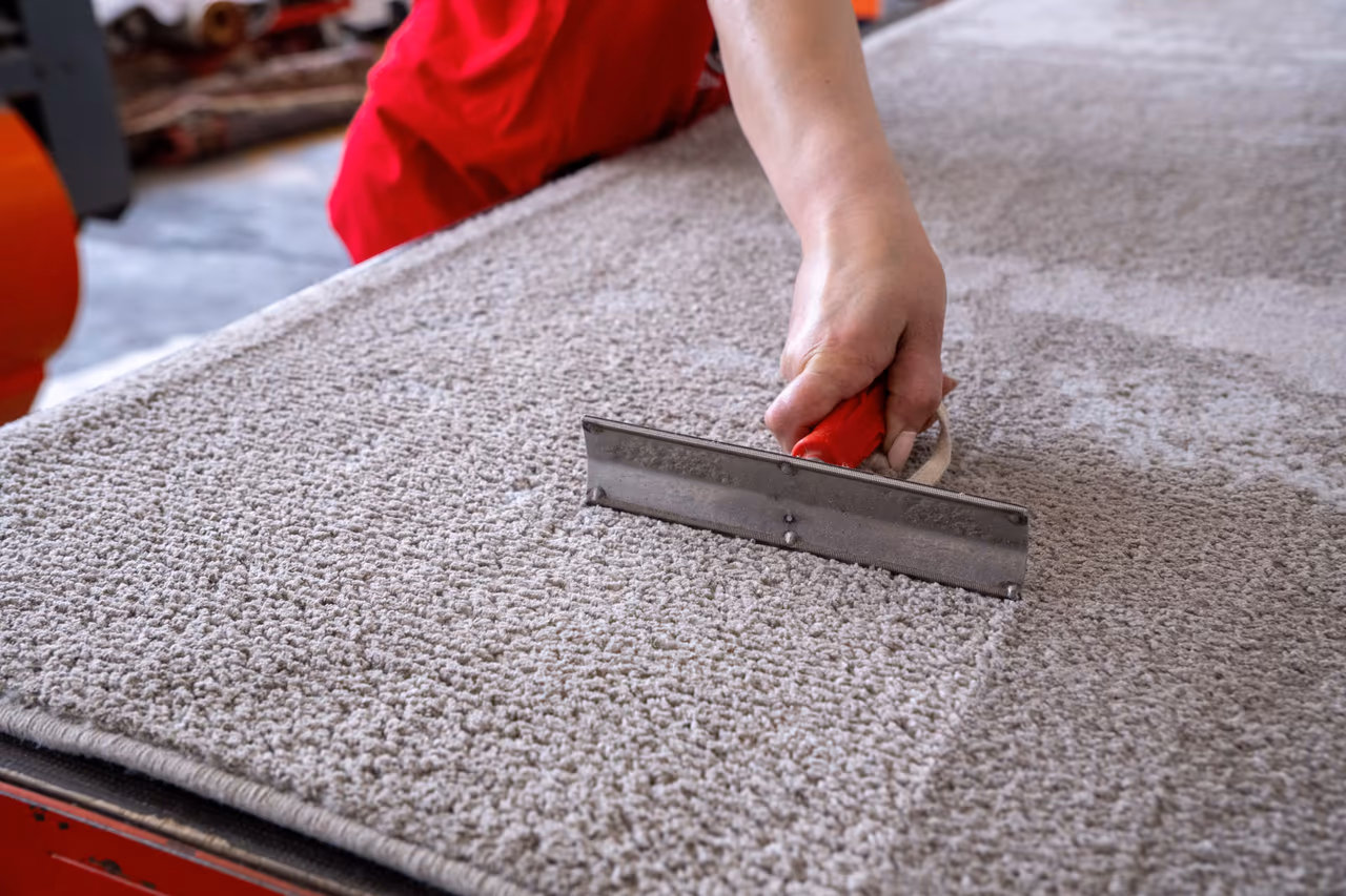 Hand scrubbing a soft carpet surface with a brush