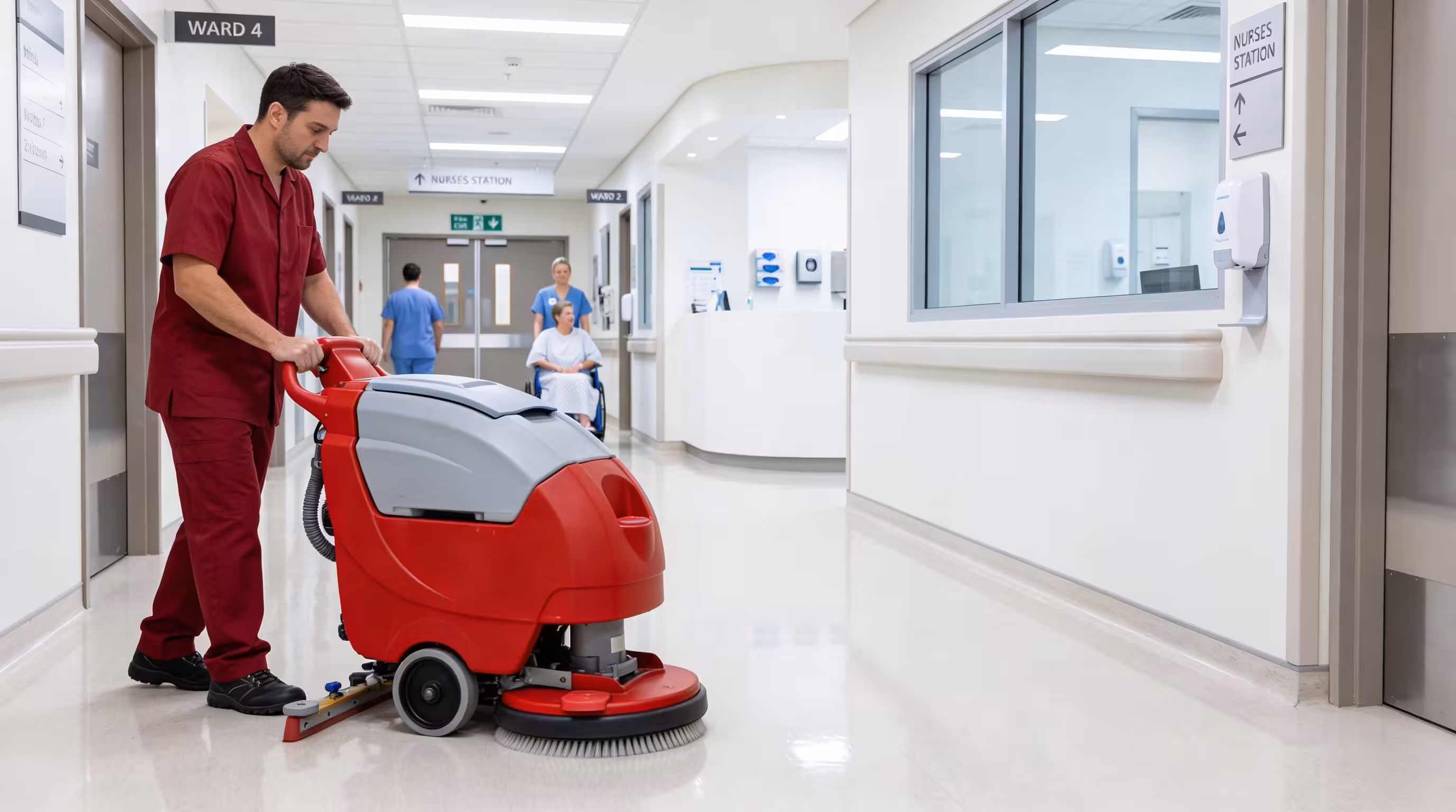 Cleaning machine moving through a hospital corridor