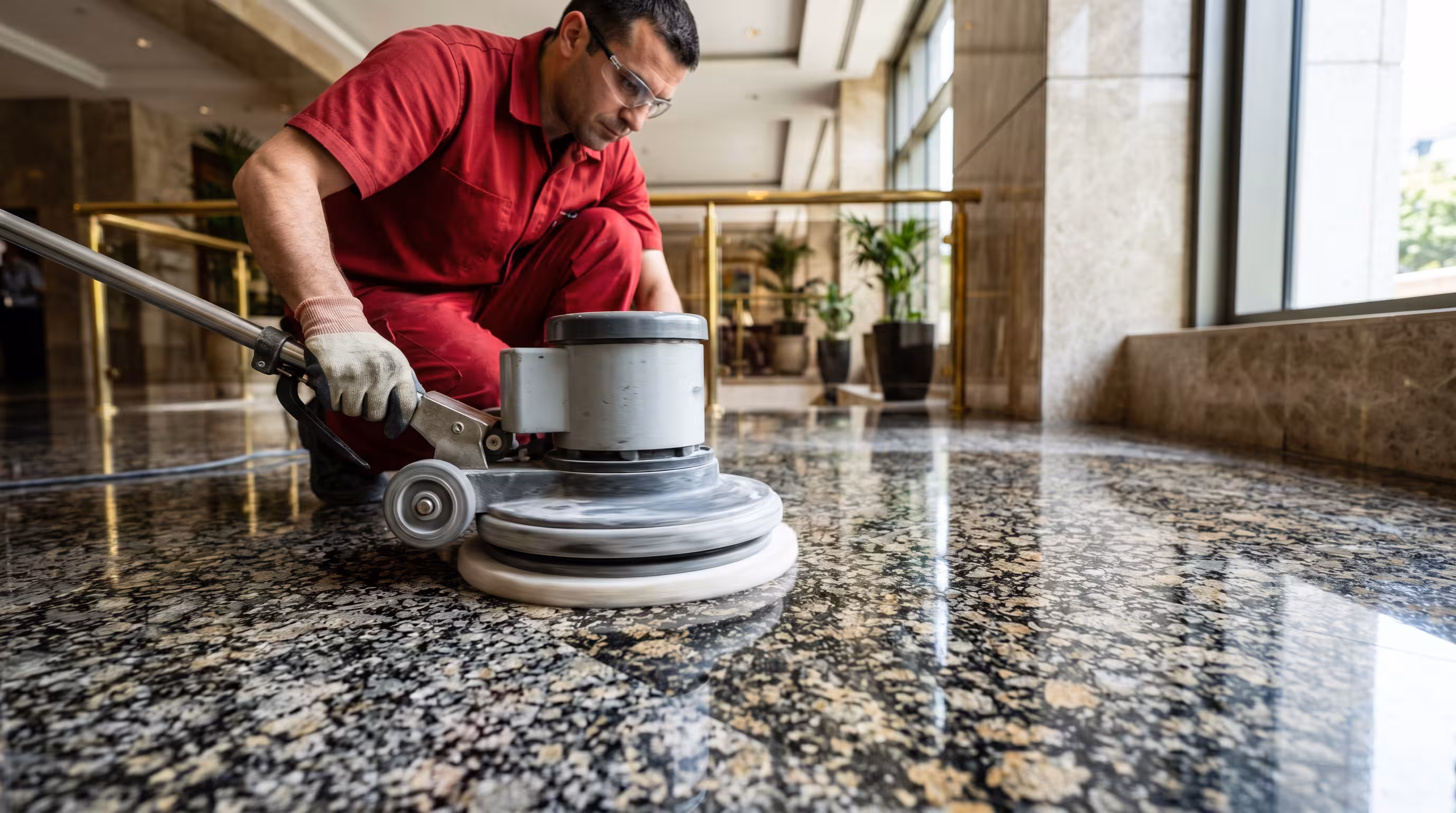 Deep cleaning a granite floor in a business space