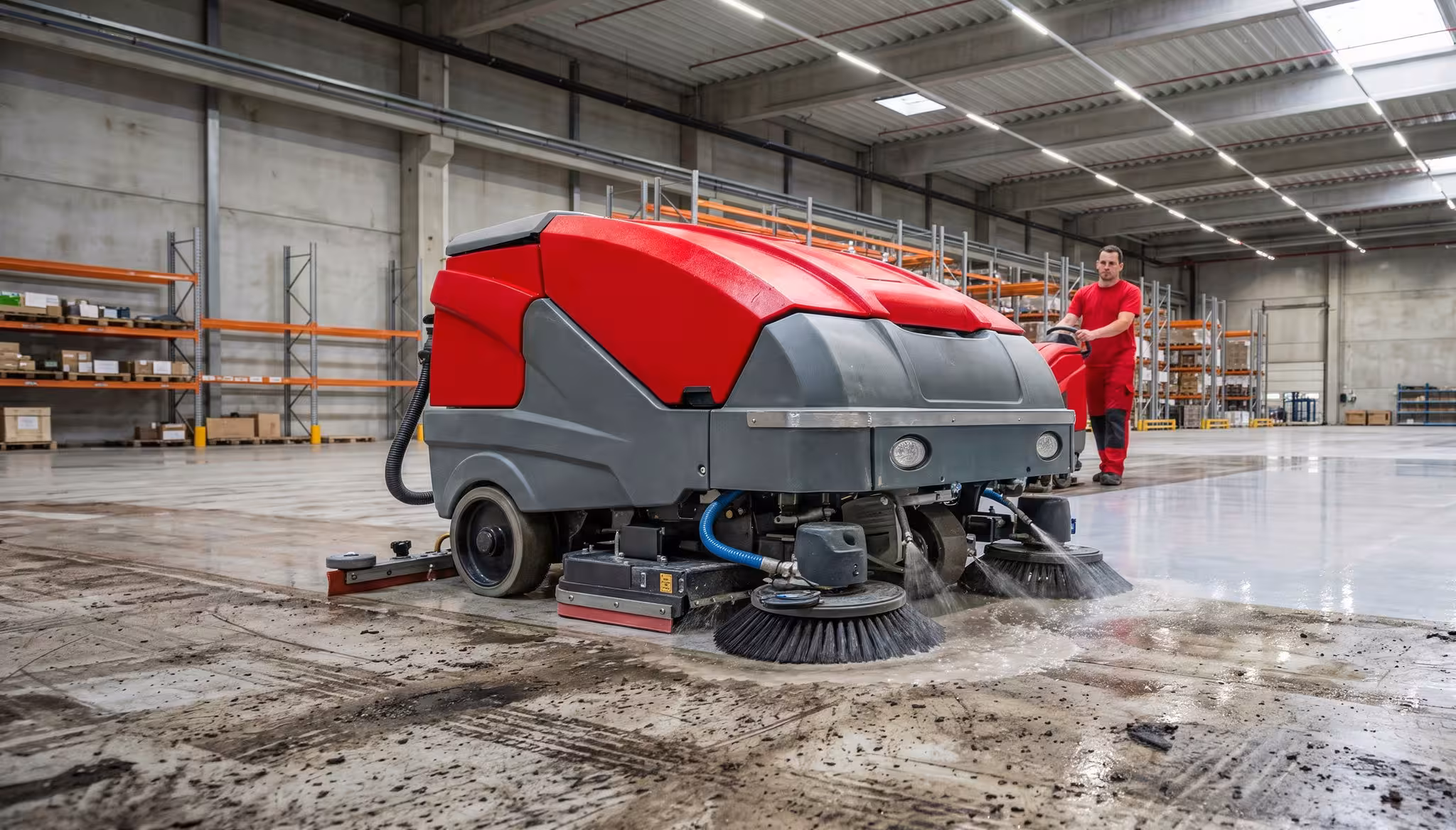 Large machine cleaning an industrial floor in a facility hall