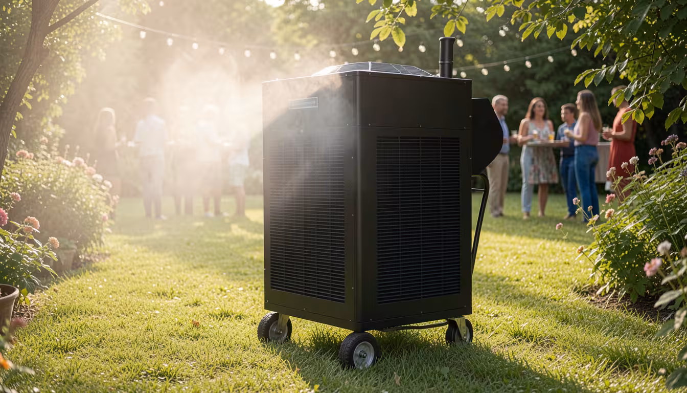 Industrial evaporative cooler on wheels blowing cool mist