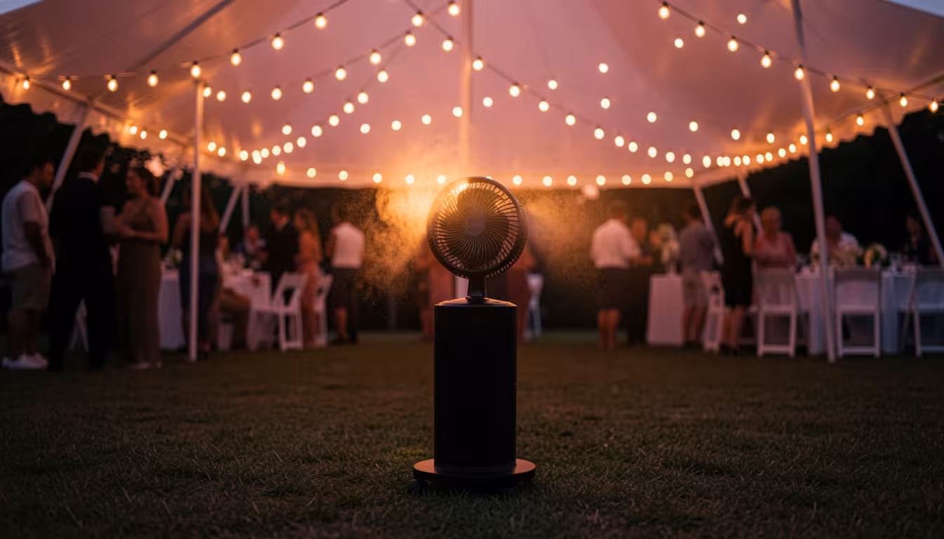 Professional water cooling fan setup at outdoor garden party