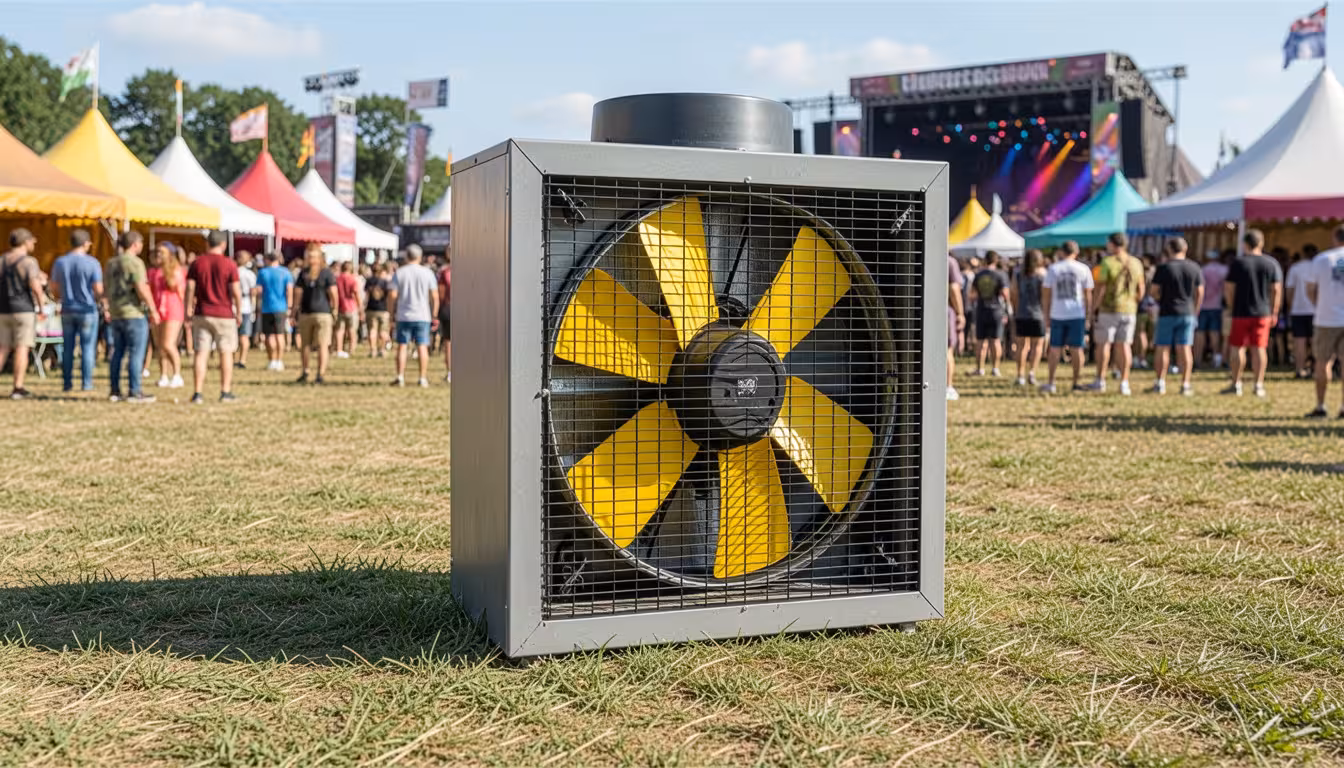 Large evaporative air cooler with yellow fan blades
