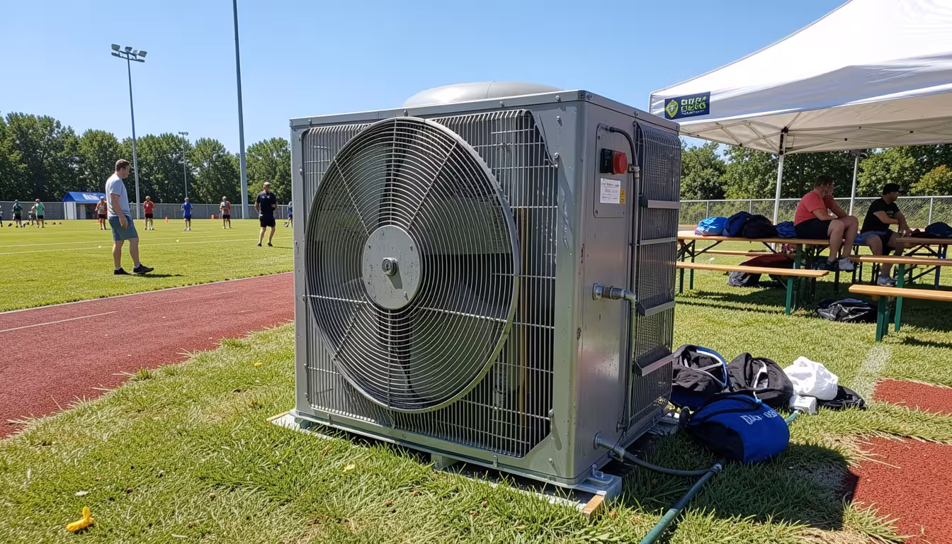 Large water cooling fan on sideline of outdoor summer event